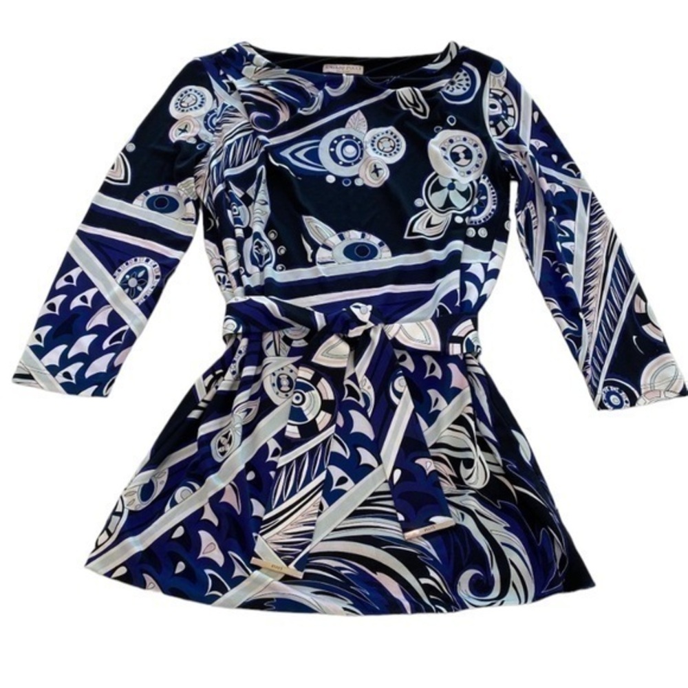 Emilio Pucci Navy Blue & White Abstract Print Long Sleeve Blouse
